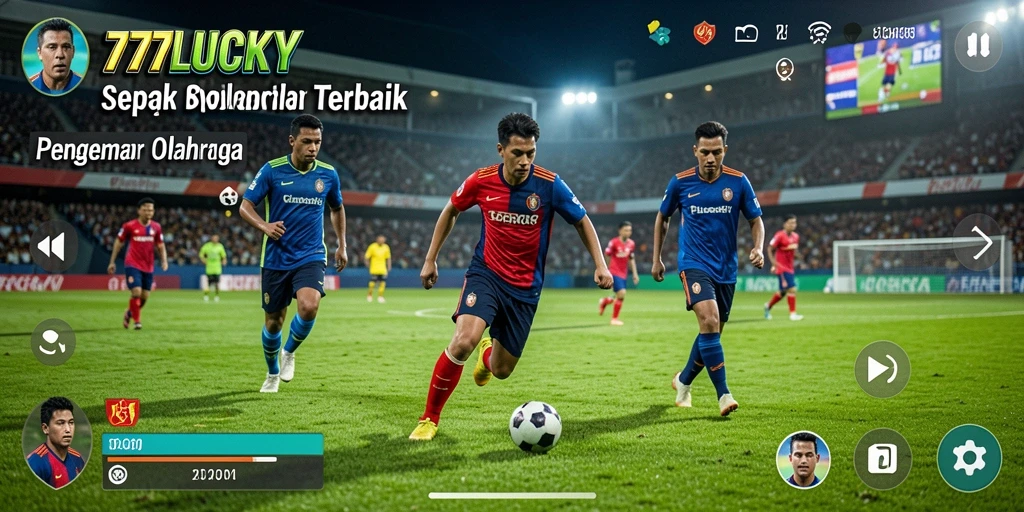 Screenshot menampilkan gameplay seru dari 777LUCKY dengan aksi pemain sepak bola.