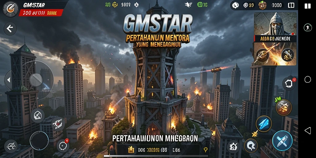 Screenshot GMSTAR menampilkan gameplay menara pertahanan yang intens dan menarik.