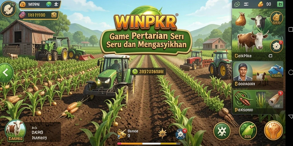 Tangkapan layar gameplay WINPKR menampilkan ladang yang subur dan aktivitas bertani.